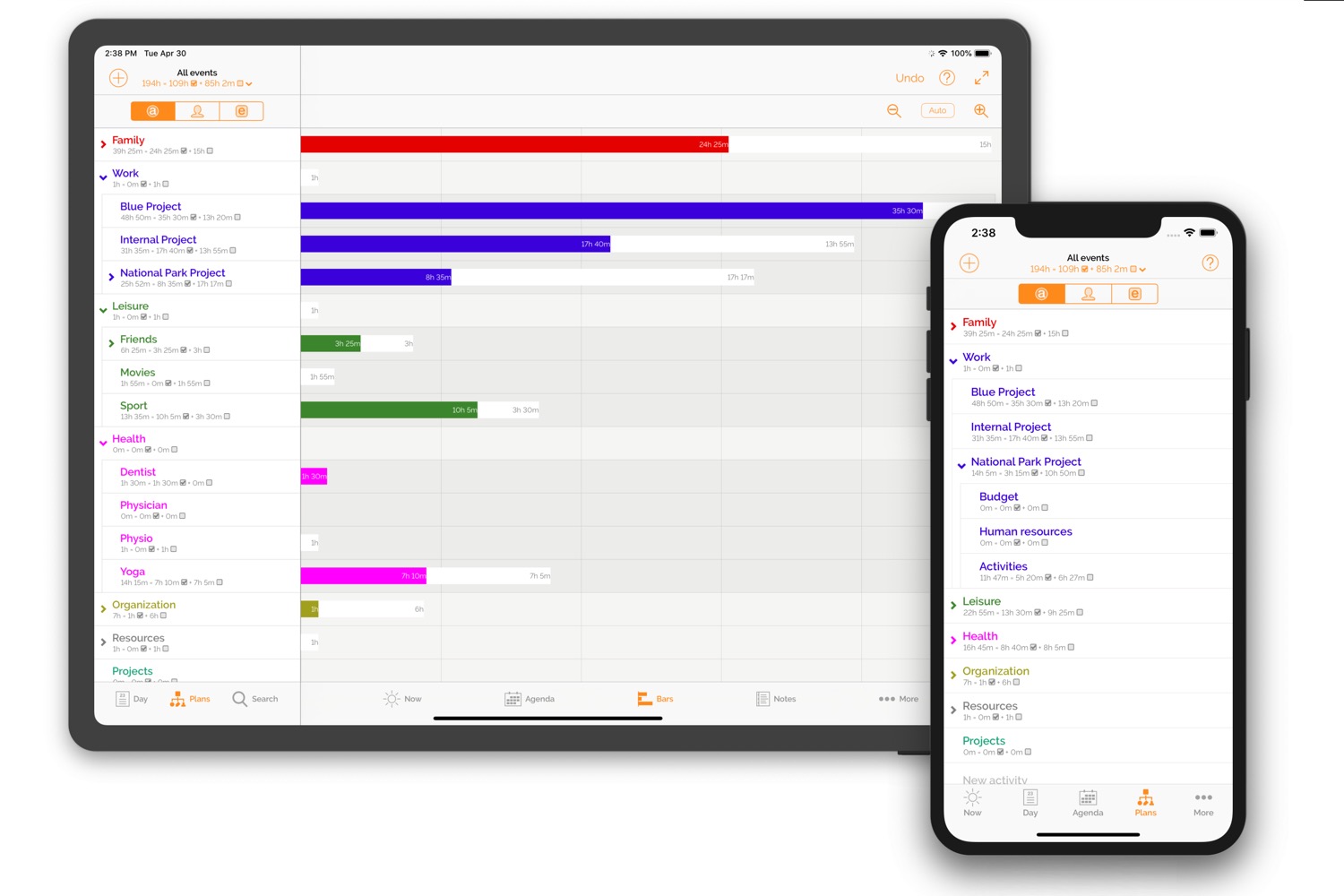 MeoTempo screen shot : time bar graph